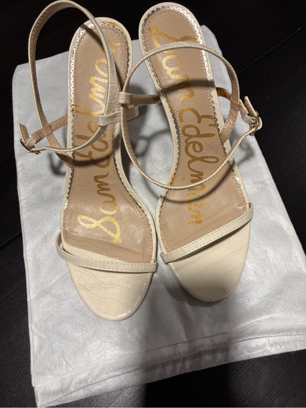 Sam Edelman Ivory Croc-Embossed Strappy Heels